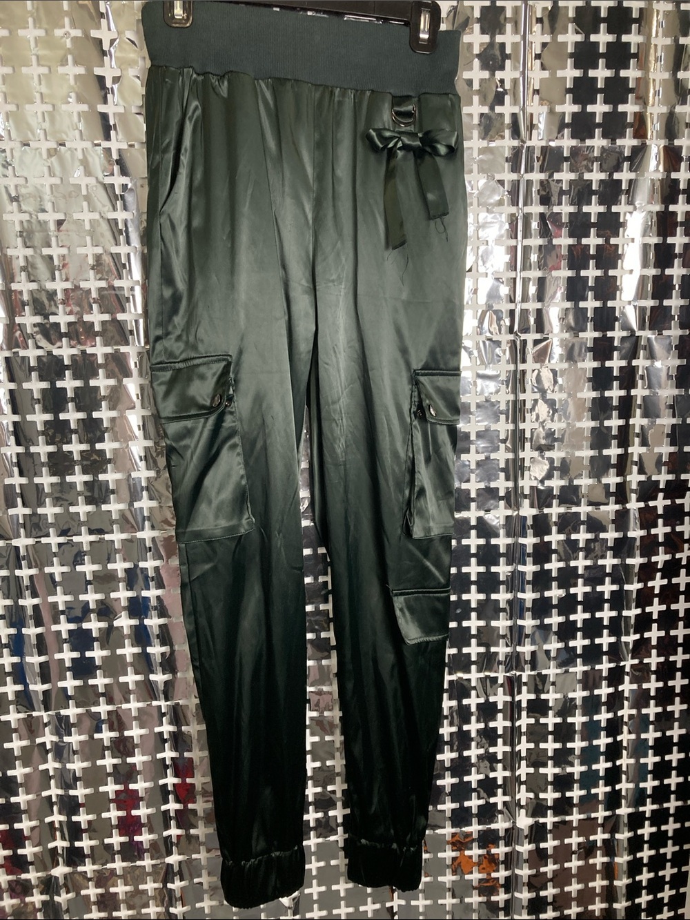 AKIRA Satin Olive Green Cargo Jogger Pants
